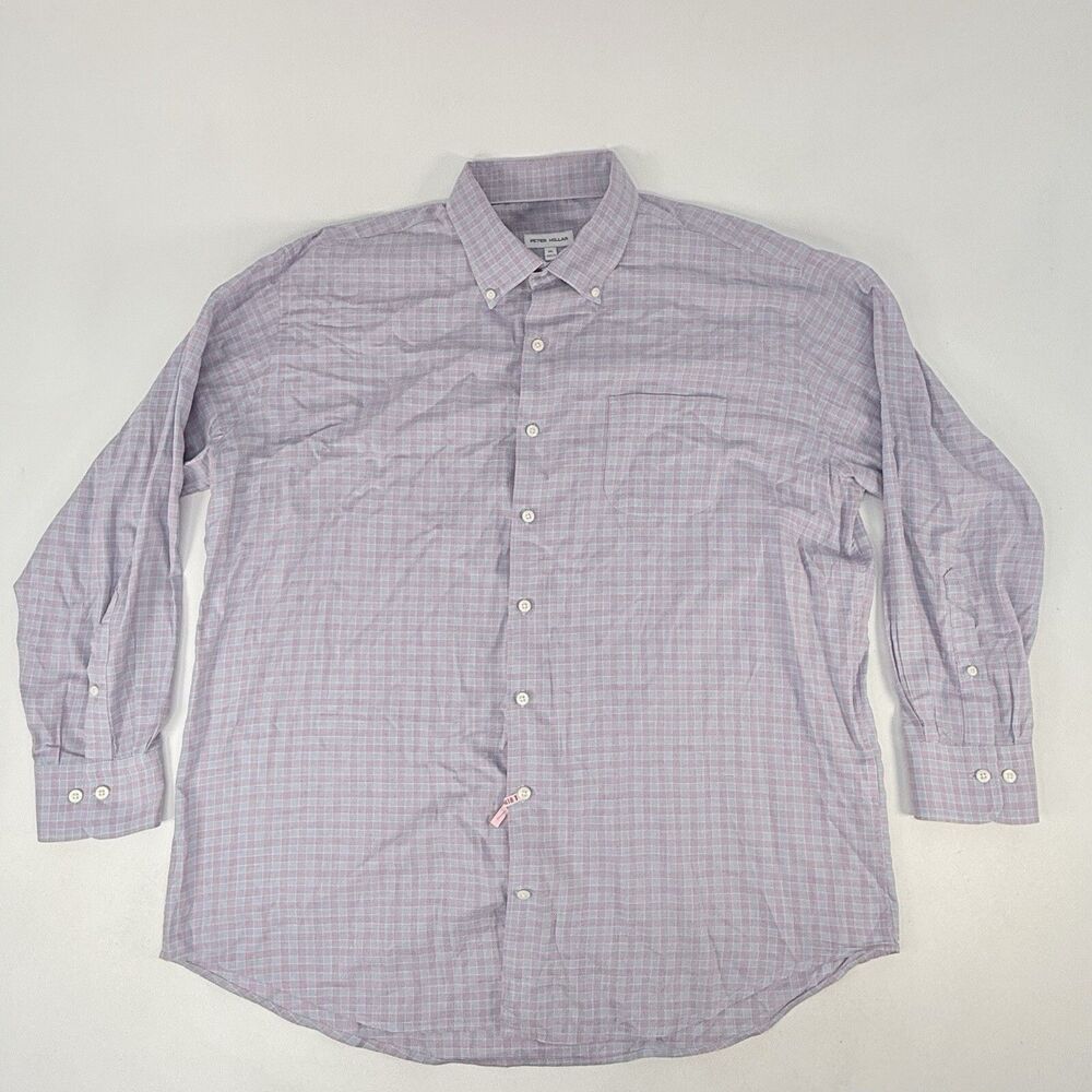 Peter Millar Check Plaid Pink Blue Cotton Button Down Long Sleeve Shirt Men XL